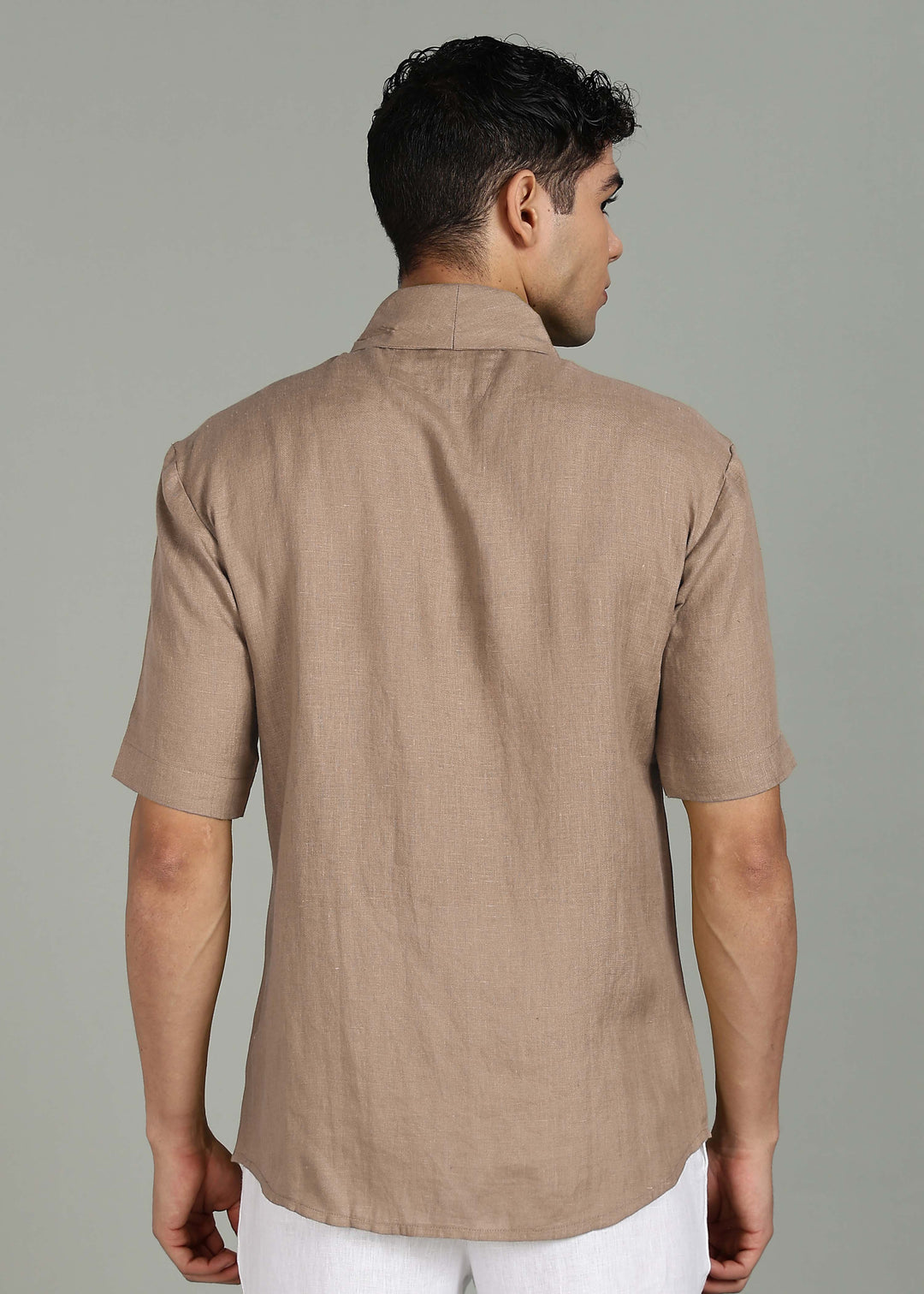 Cyrus - Pure Linen Half Sleeve Shawl Collar Shirt - Mocha