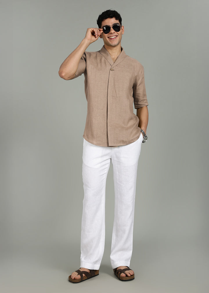 Cyrus - Pure Linen Half Sleeve Shawl Collar Shirt - Mocha