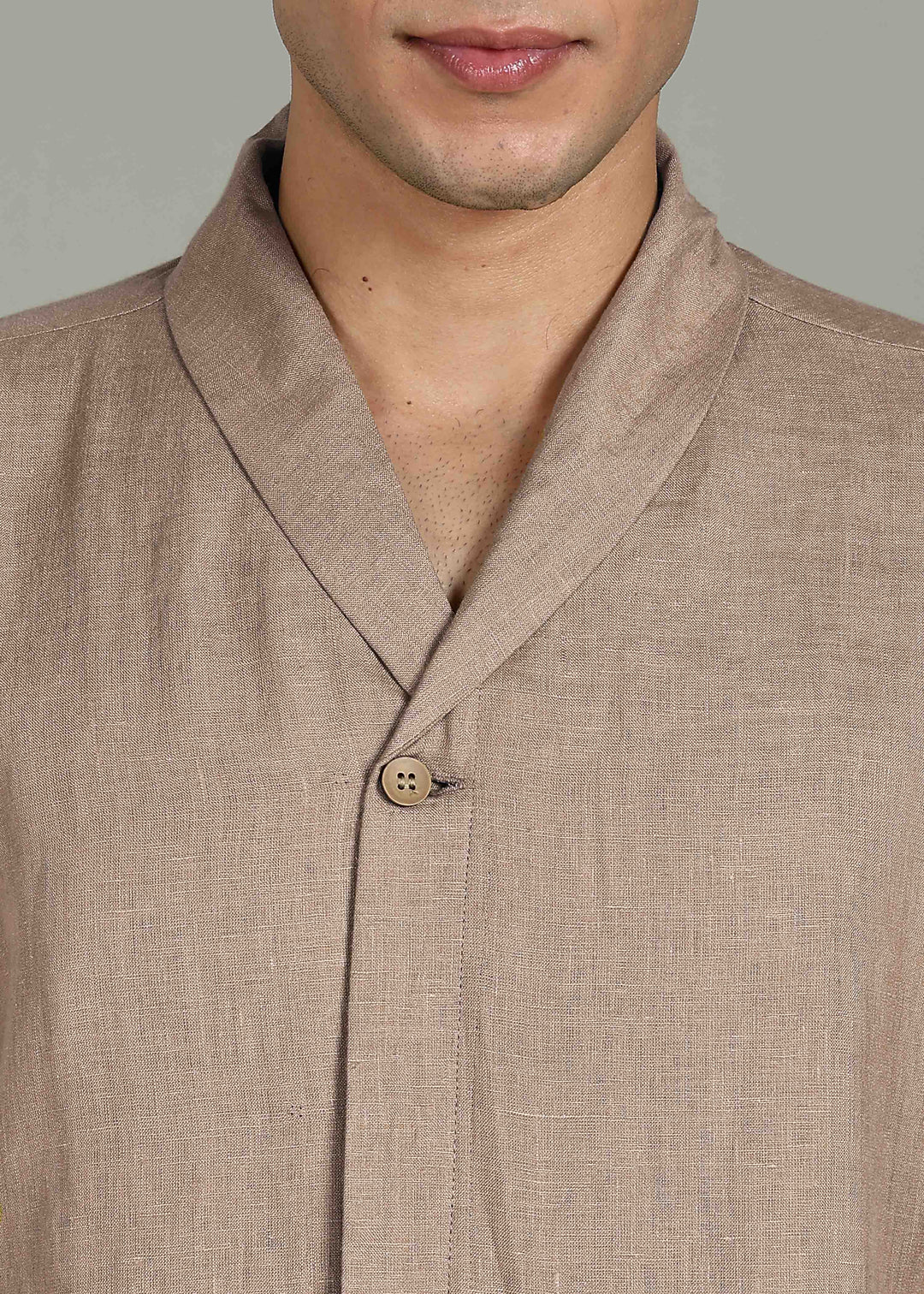 Cyrus - Pure Linen Half Sleeve Shawl Collar Shirt - Mocha