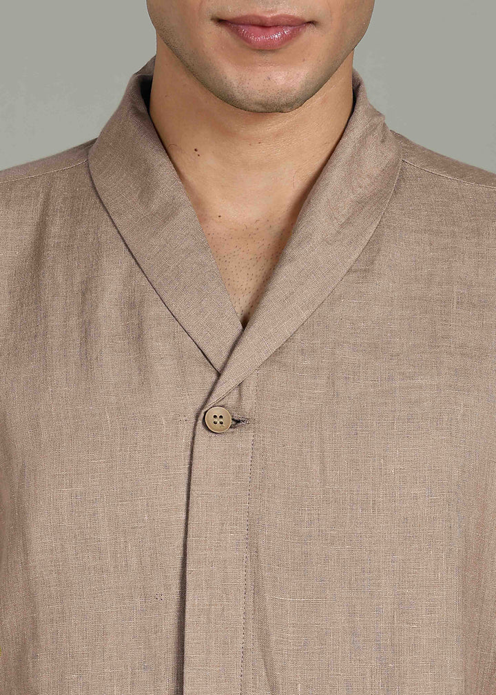 Cyrus - Pure Linen Half Sleeve Shawl Collar Shirt - Mocha