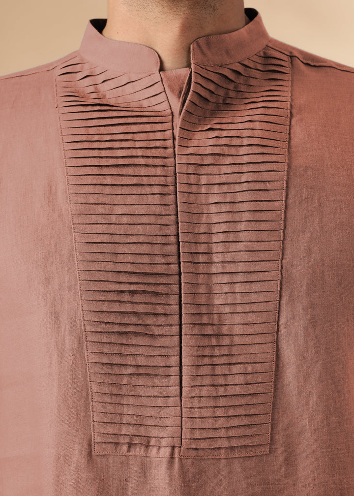 Nirva Kurta - Pure Linen Long Kurta with Space Tucks | Fondue Pink