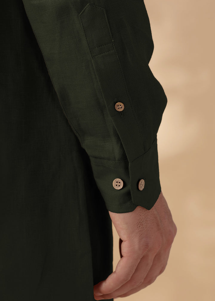 Taran Kurta - Half Placket Pure Linen Kurta - Moss Green
