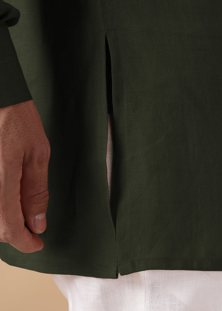 Taran Kurta - Half Placket Pure Linen Kurta - Moss Green