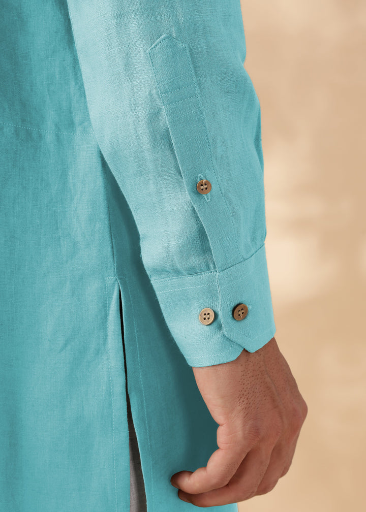 Nirva Kurta - Pure Linen Long Kurta with Space Tucks | Ice Blue