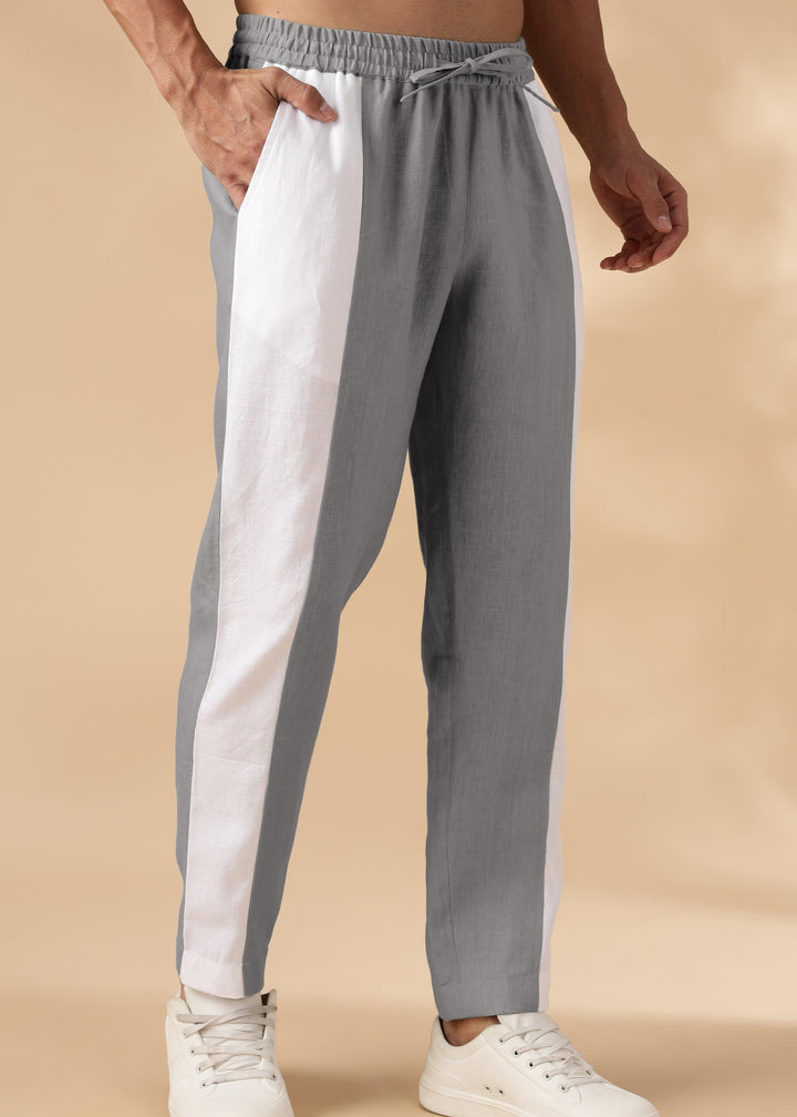 Duo - Pure Linen Panel Elastic Pants with Drawcord - Steel Grey