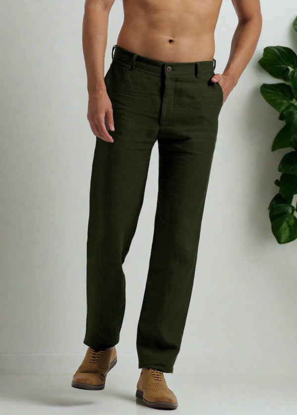 Ian Pure Linen Trousers - Dark Green