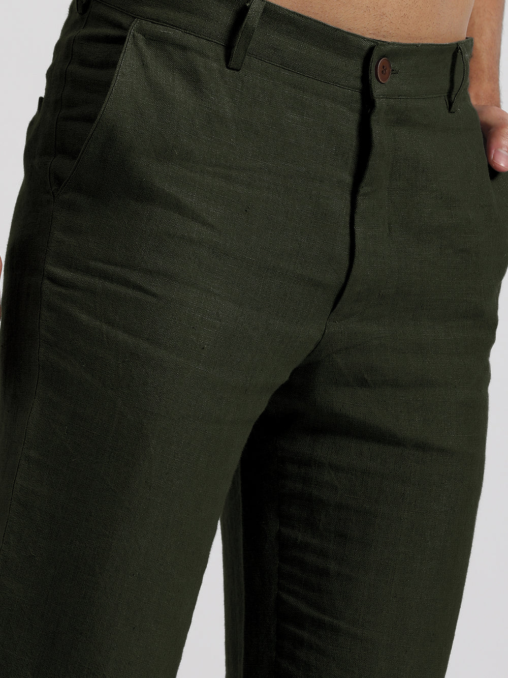 Ian Pure Linen Trousers - Dark Green