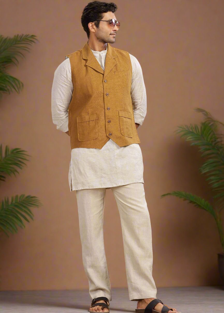 Pure Linen Waist Coat | Dark Khaki