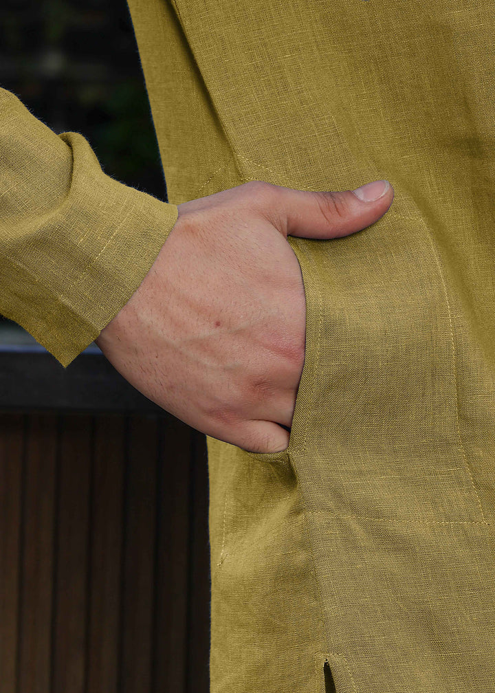 Daven - Full Sleeve Band Collar Detailed Placket Pure Linen Kurta - Sap Green