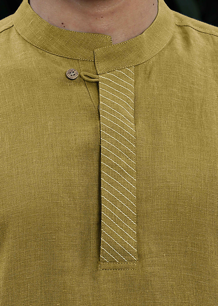 Daven - Full Sleeve Band Collar Detailed Placket Pure Linen Kurta - Sap Green