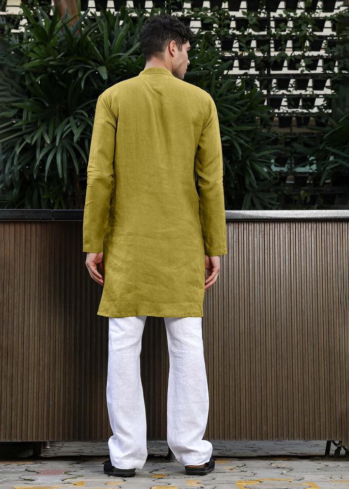 Daven - Full Sleeve Band Collar Detailed Placket Pure Linen Kurta - Sap Green