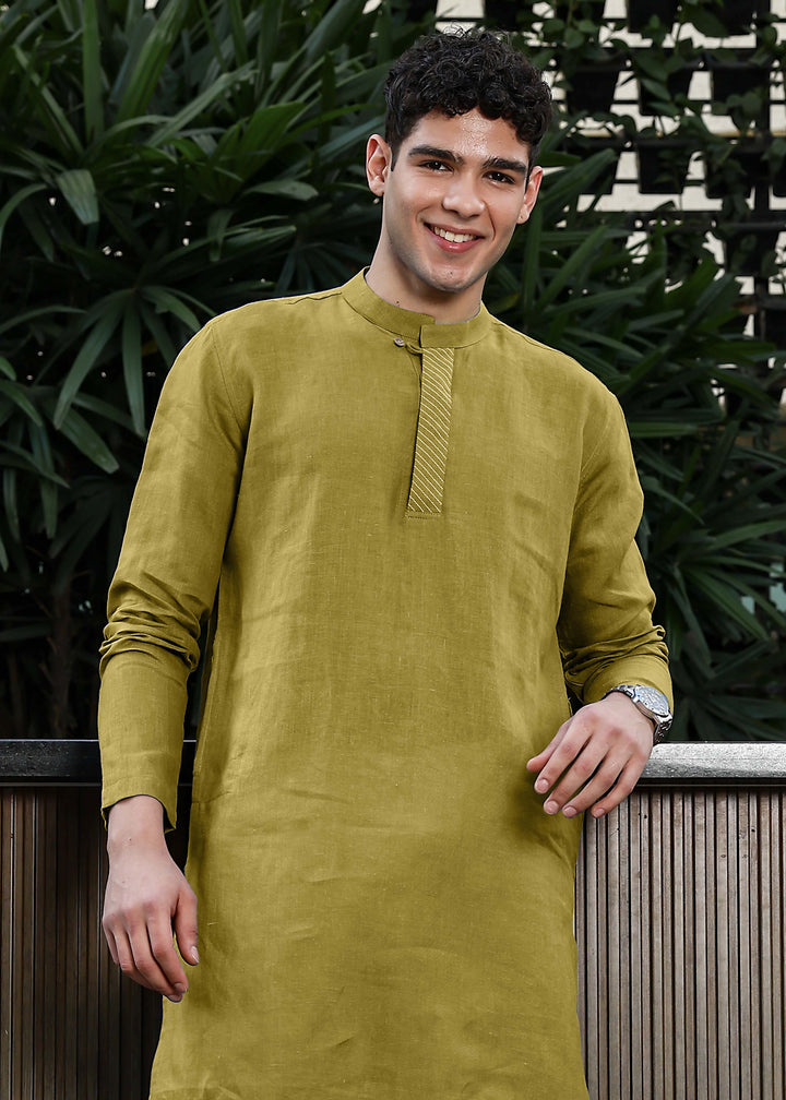 Daven - Full Sleeve Band Collar Detailed Placket Pure Linen Kurta - Sap Green