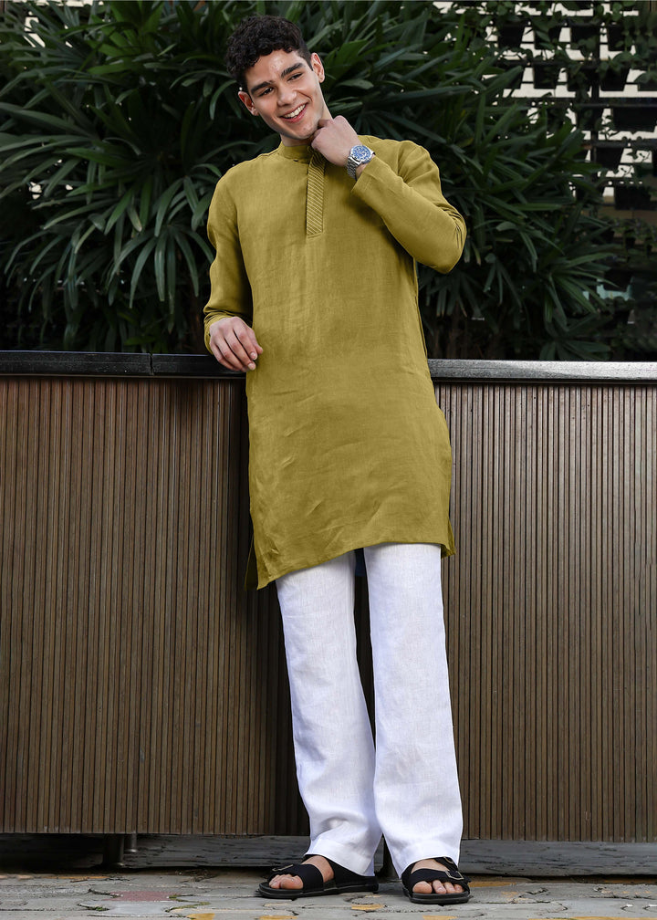 Daven - Full Sleeve Band Collar Detailed Placket Pure Linen Kurta - Sap Green