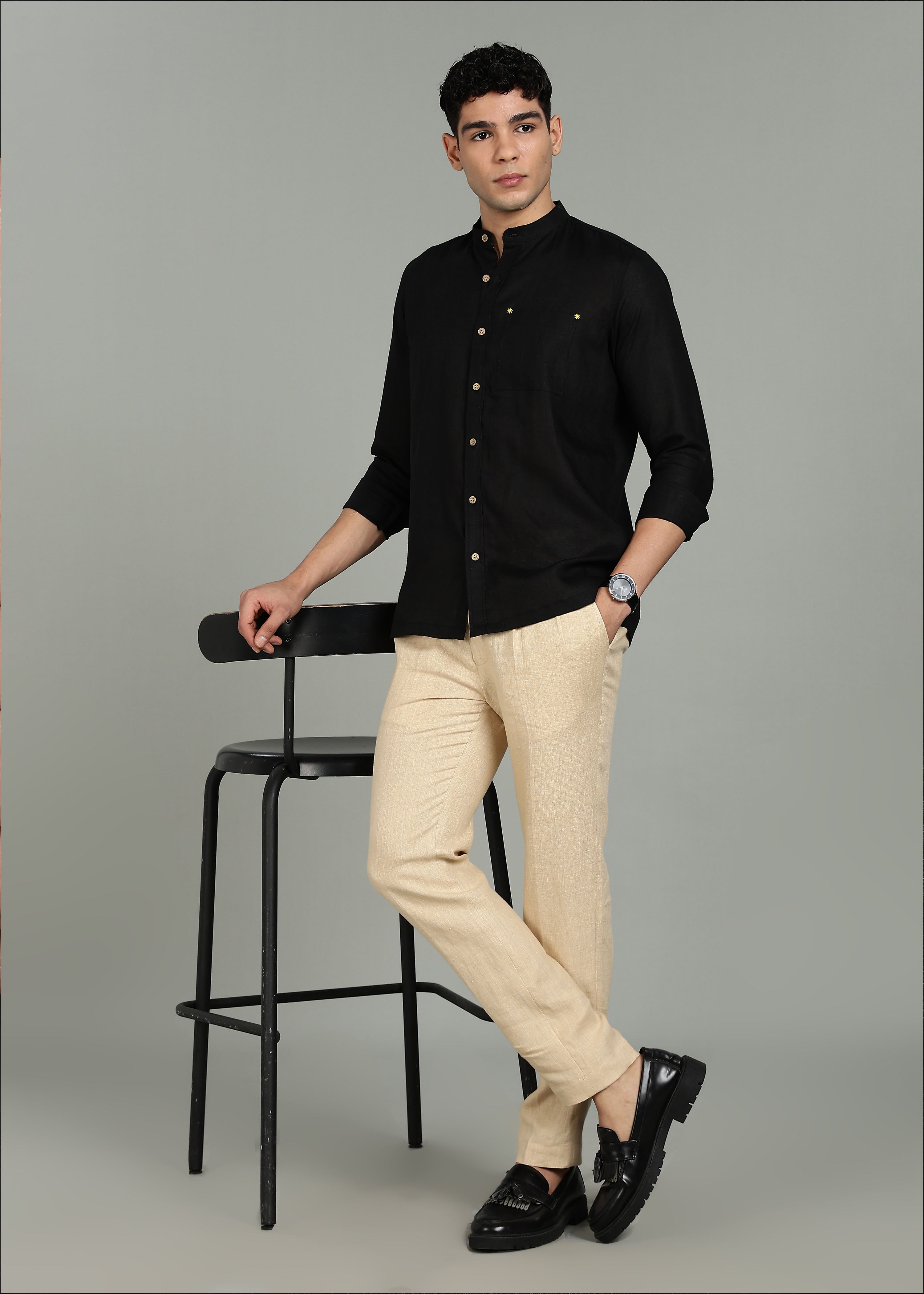 Black Pure Linen Full-Sleeve Shirt with Concealed Buttons – Linen