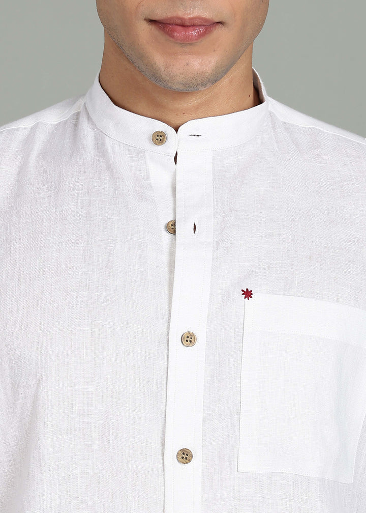 100% pure linen white full sleeve shirt in 44 LEA with a small red star detail on a gray background