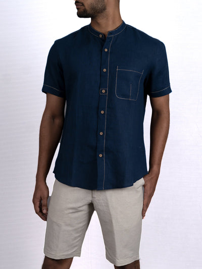 Desmond - Pure Linen Stitch Detailed Half Sleeve Shirt - Blue | Relove