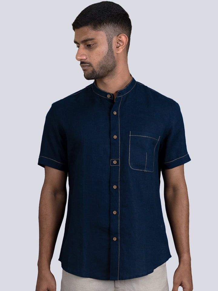 Desmond - Pure Linen Stitch Detailed Half Sleeve Shirt - Blue | Relove