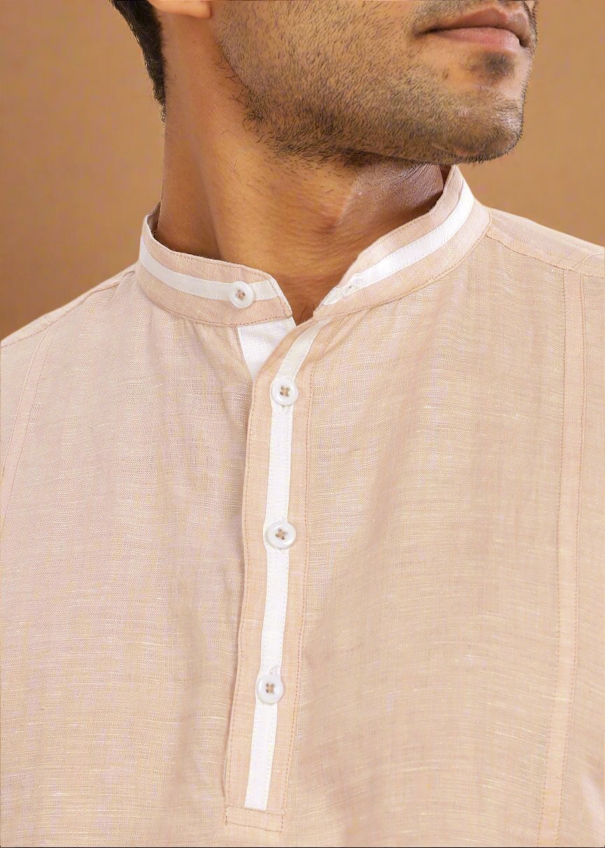 Dhruv- Full Sleeve Chambray Short Kurta in Pure Linen with Band Collar - Beige Chambray