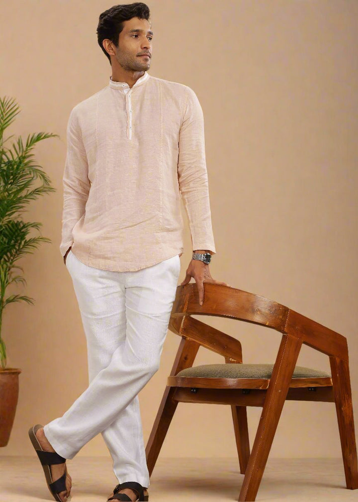 Dhruv- Full Sleeve Chambray Short Kurta in Pure Linen with Band Collar - Beige Chambray