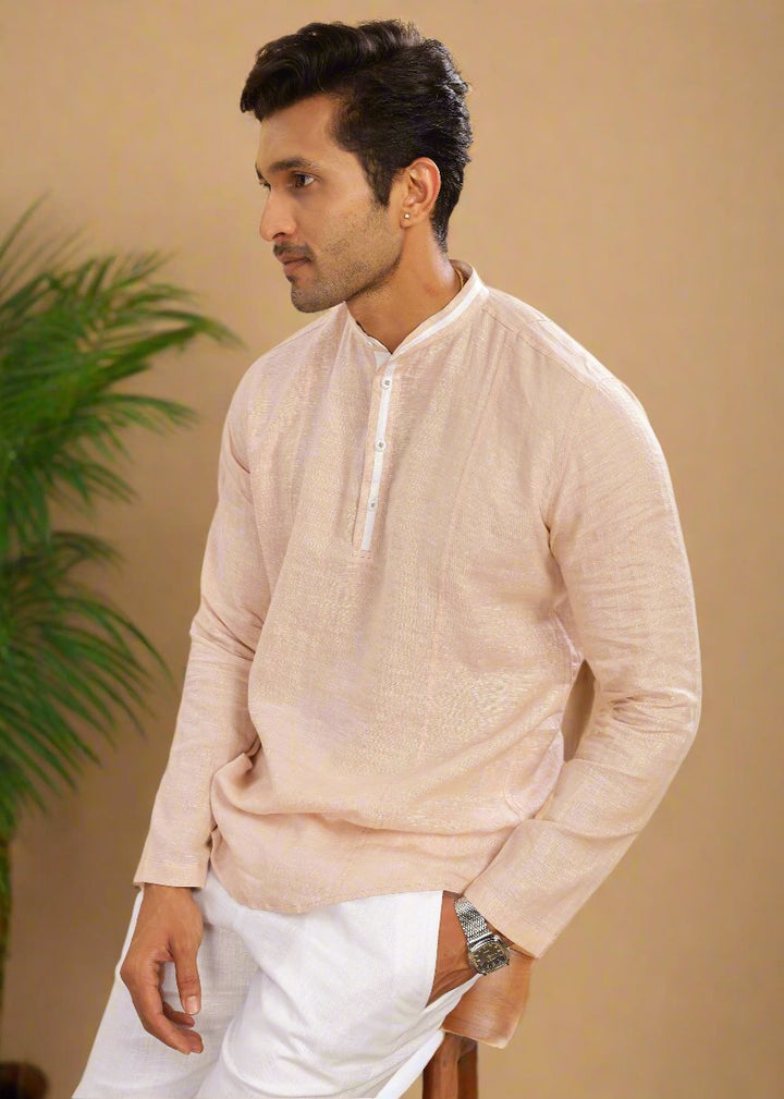 Dhruv- Full Sleeve Chambray Short Kurta in Pure Linen with Band Collar - Beige Chambray