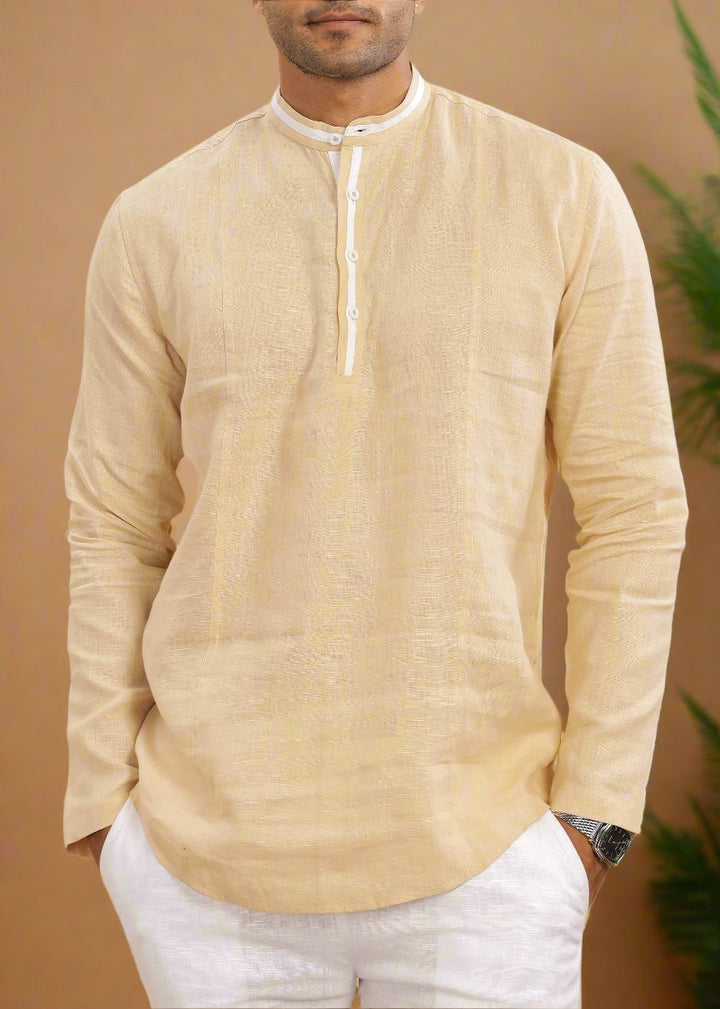 Dhruv- Full Sleeve Short Kurta in Pure Linen with Band Collar - Light Tea Yellow