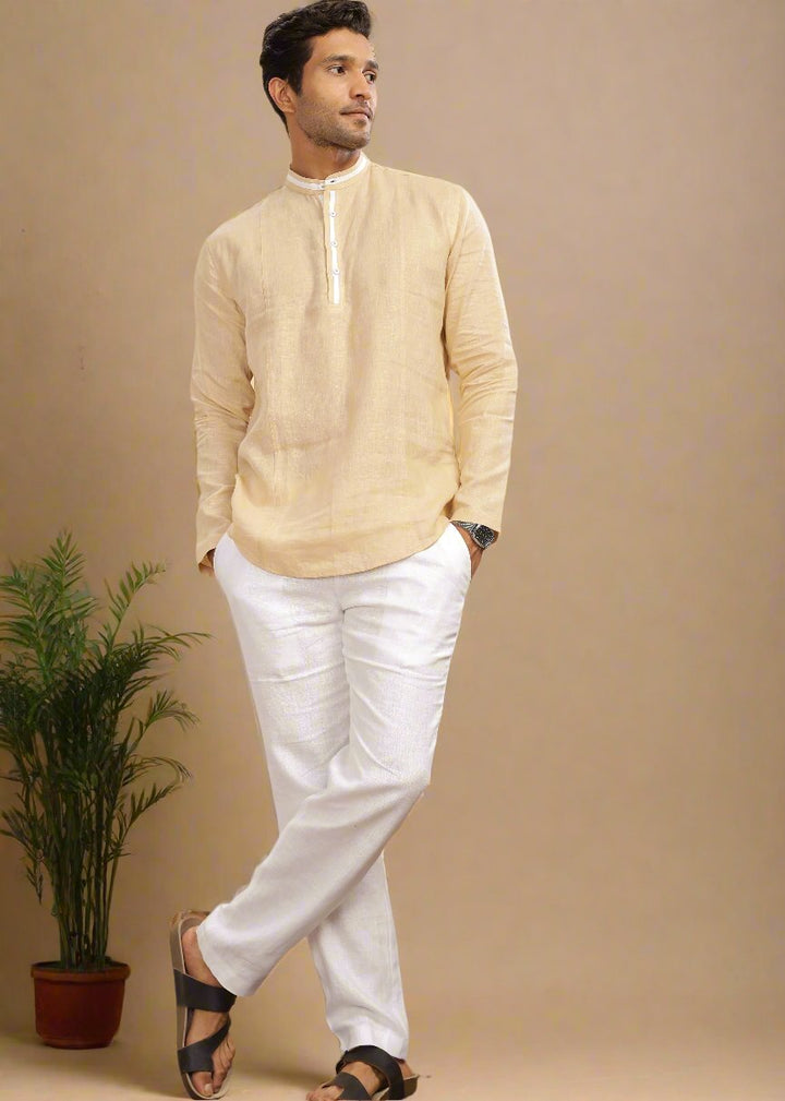 Dhruv- Full Sleeve Short Kurta in Pure Linen with Band Collar - Light Tea Yellow