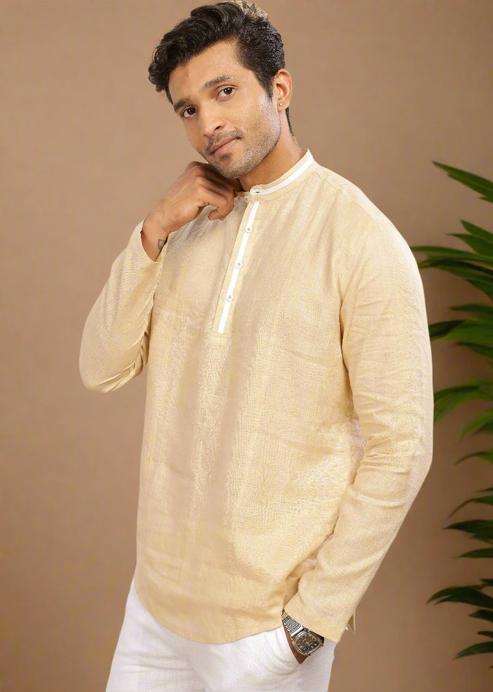 Dhruv- Full Sleeve Short Kurta in Pure Linen with Band Collar - Light Tea Yellow