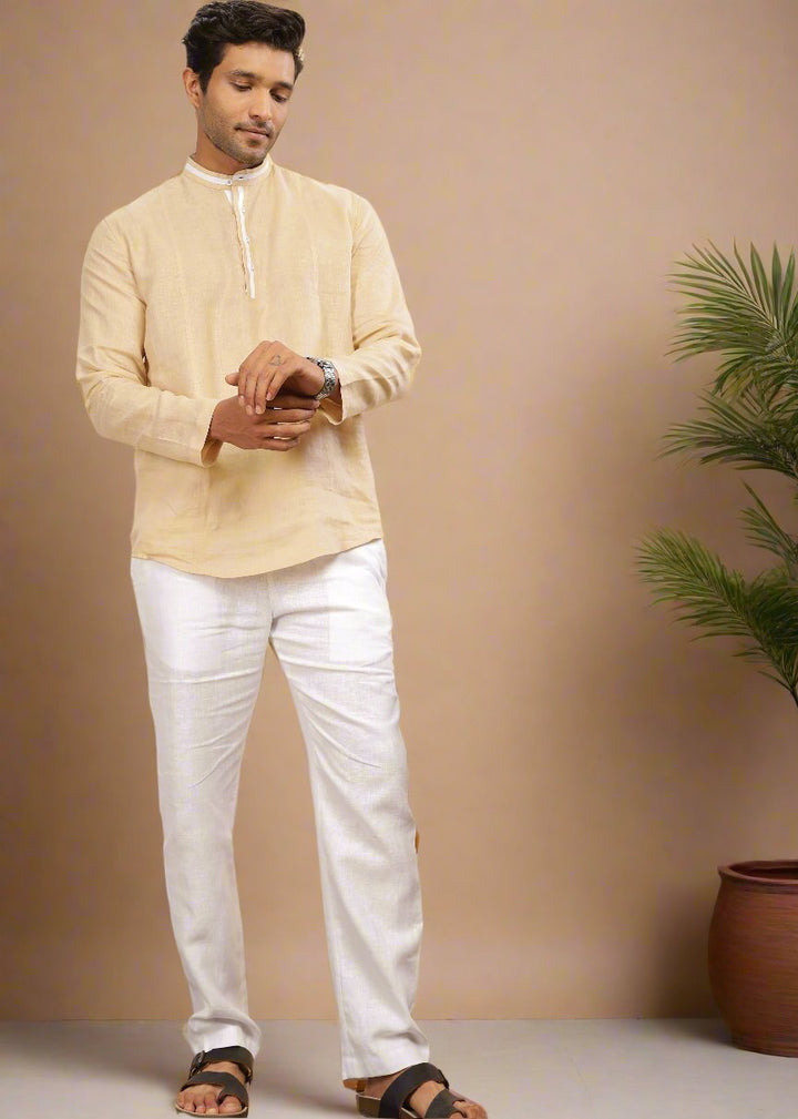 Dhruv- Full Sleeve Short Kurta in Pure Linen with Band Collar - Light Tea Yellow