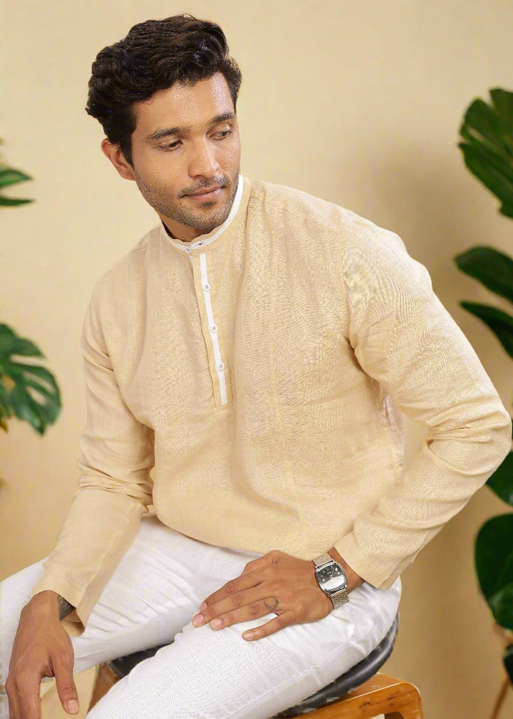 Dhruv- Full Sleeve Short Kurta in Pure Linen with Band Collar - Light Tea Yellow