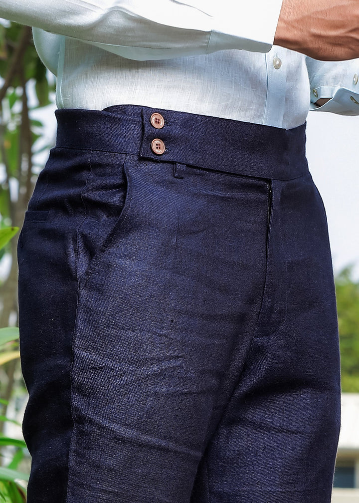 Brandon Double Button Broad Pure Linen Trousers - Dark Blue