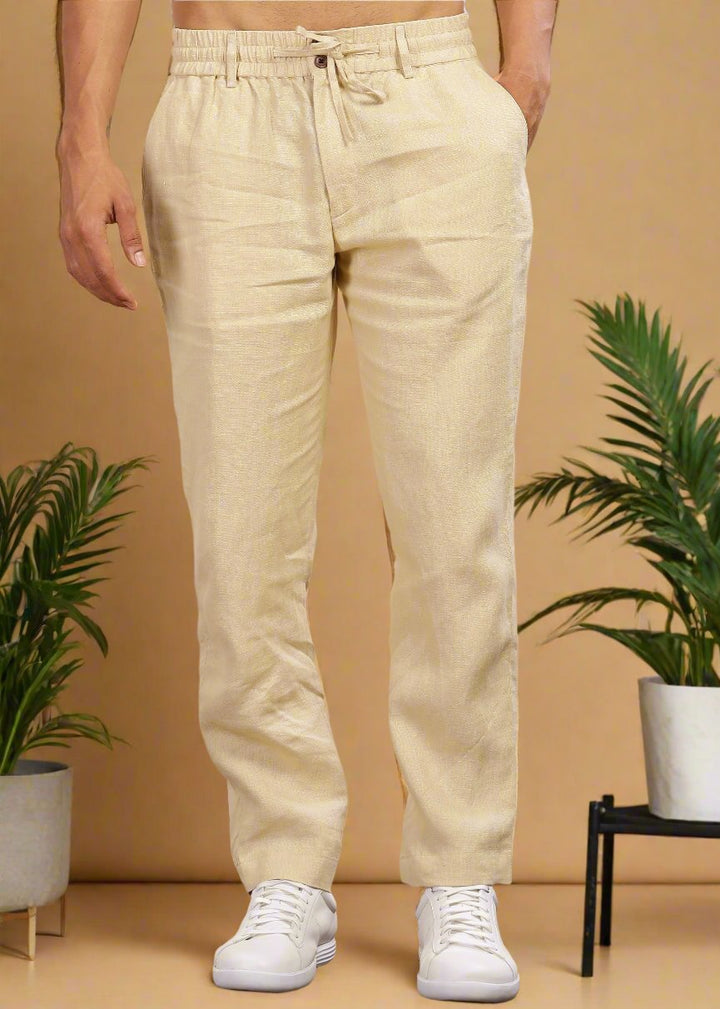 Drake - Pure Linen Trousers With Elastic Waist Band, Drawcord & Zipper - Cappuccino Beige