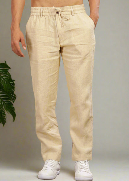 Beige Pure Linen Pants With Elastic Waistband, Drawcord
