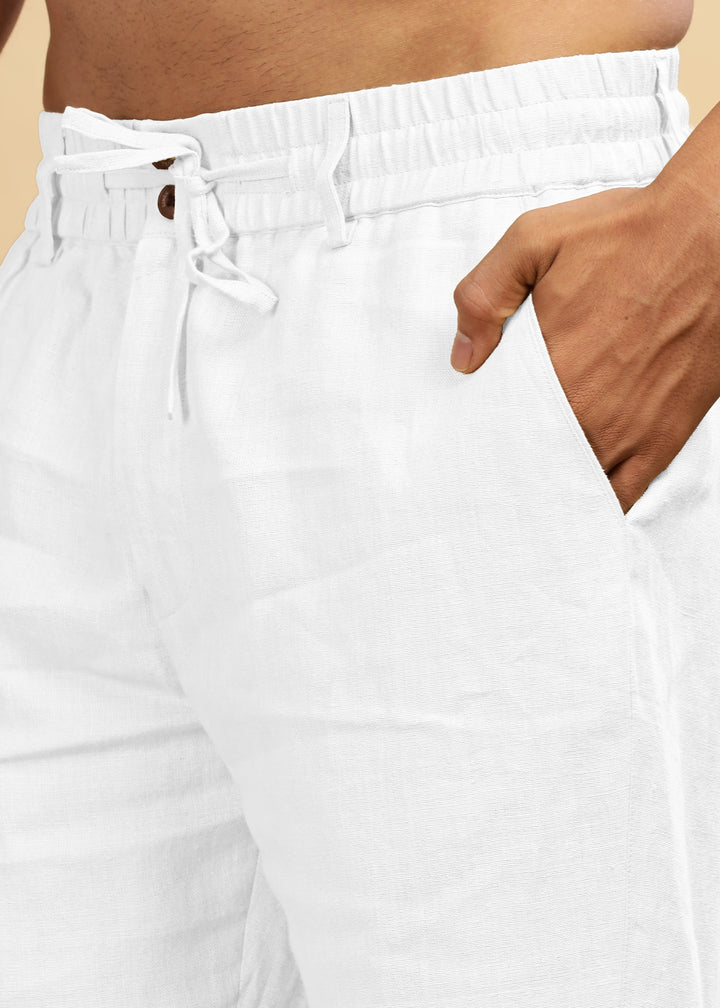 Drake - Pure Linen Trousers With Elastic Waist Band, Drawcord & Zipper - White