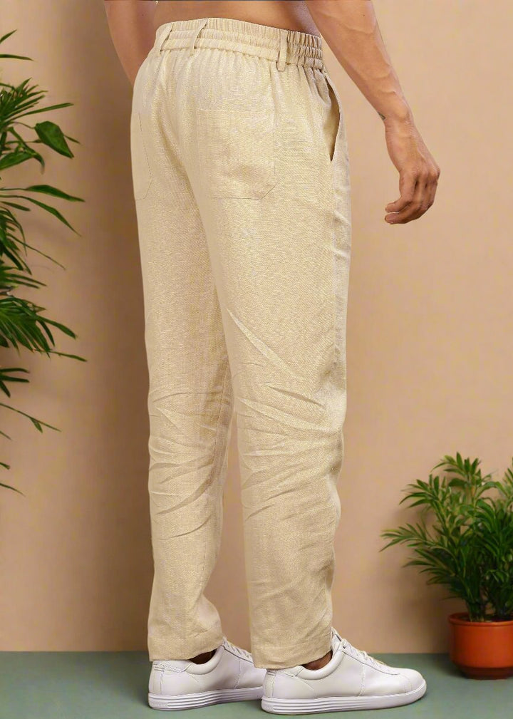 Drake - Pure Linen Trousers With Elastic Waist Band, Drawcord & Zipper - Cappuccino Beige