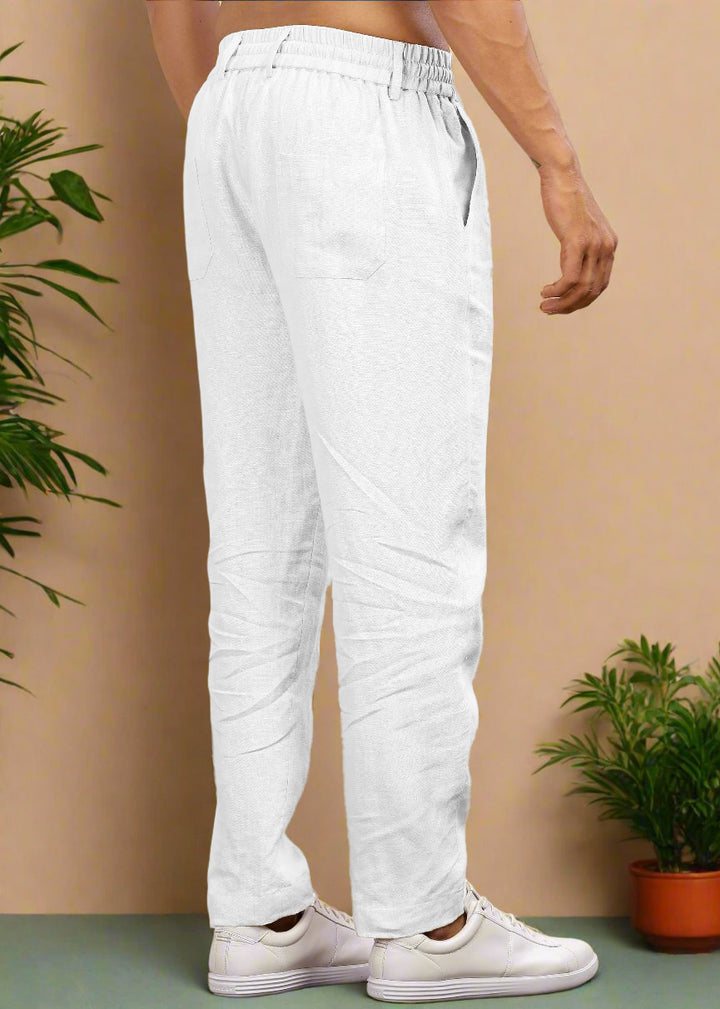 Drake - Pure Linen Trousers With Elastic Waist Band, Drawcord & Zipper - White