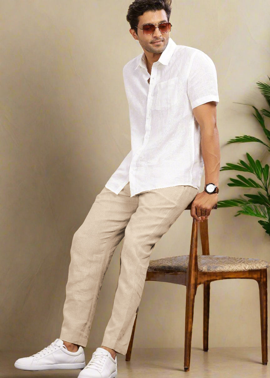vital pure linen roped tuck pants リネンパンツ Ecru Pure Linen Pants With Elastic Waistband, Drawcord & Zipper