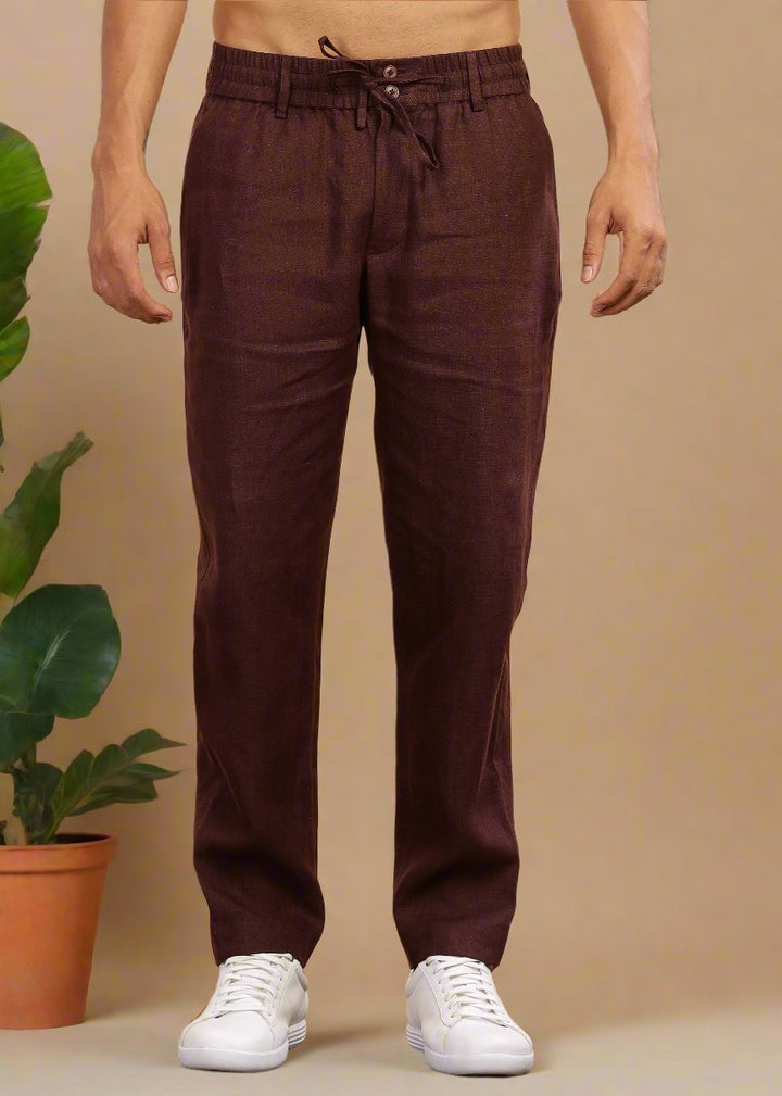 Drake - Pure Linen Trousers With Elastic Waist Band, Drawcord & Zipper - Maroon