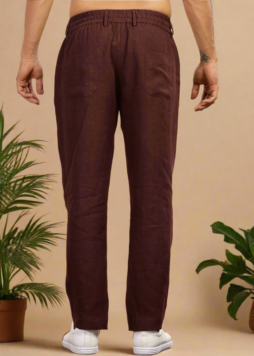 Drake - Pure Linen Trousers With Elastic Waist Band, Drawcord & Zipper - Maroon