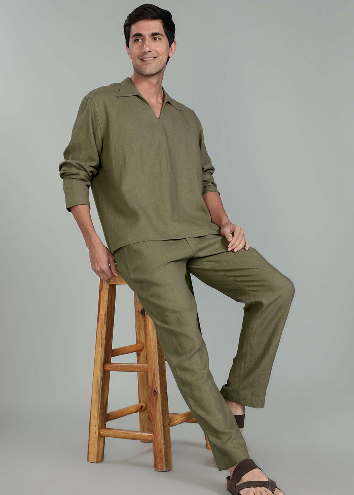 Duke - Pure Linen Oversized Pullover Long Sleeve T shirt - Military Green