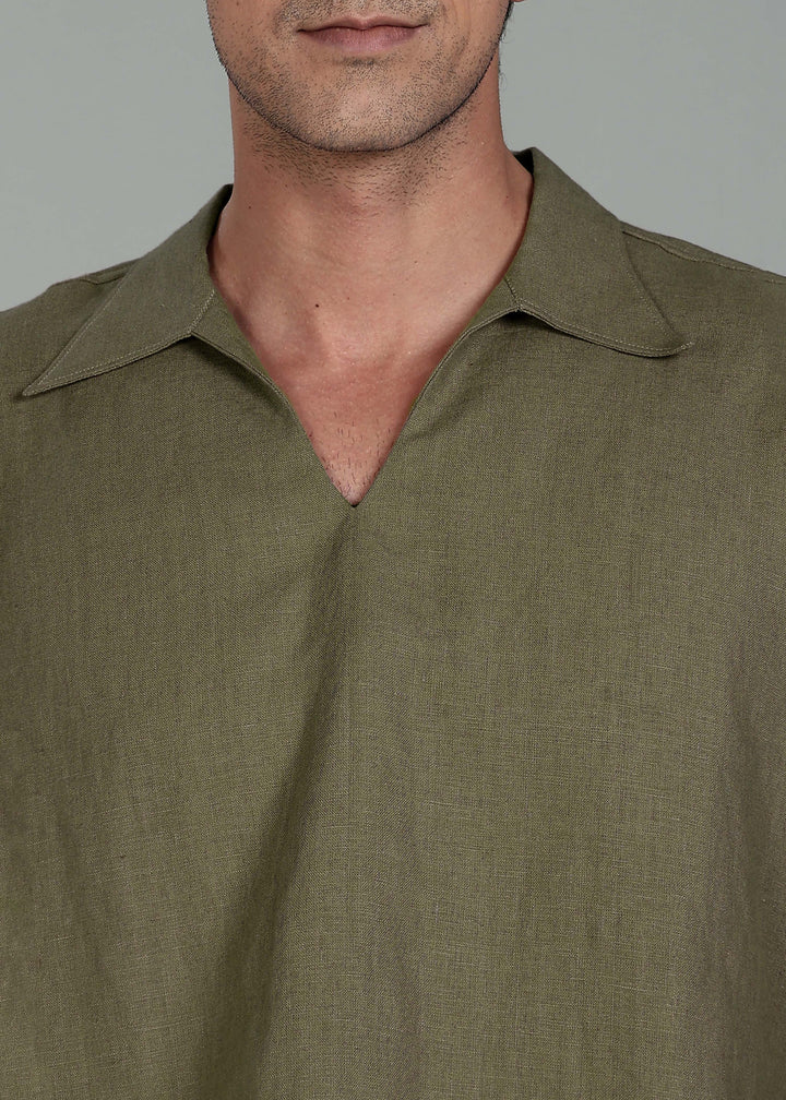 Duke - Pure Linen Oversized Pullover Long Sleeve T shirt - Military Green