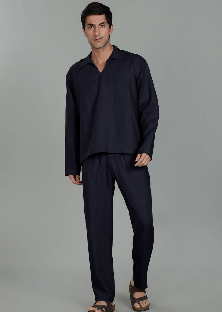 Ivo -  Pure Linen Casual Relaxed Elastic Pants - Regal Blue