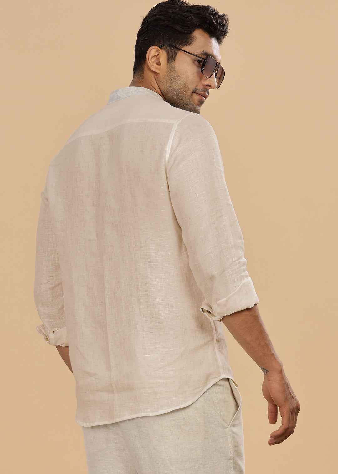 Dylan - Pure Linen Mandarin Collar Stylized Full Sleeve Shirt - Mocha & Ecru