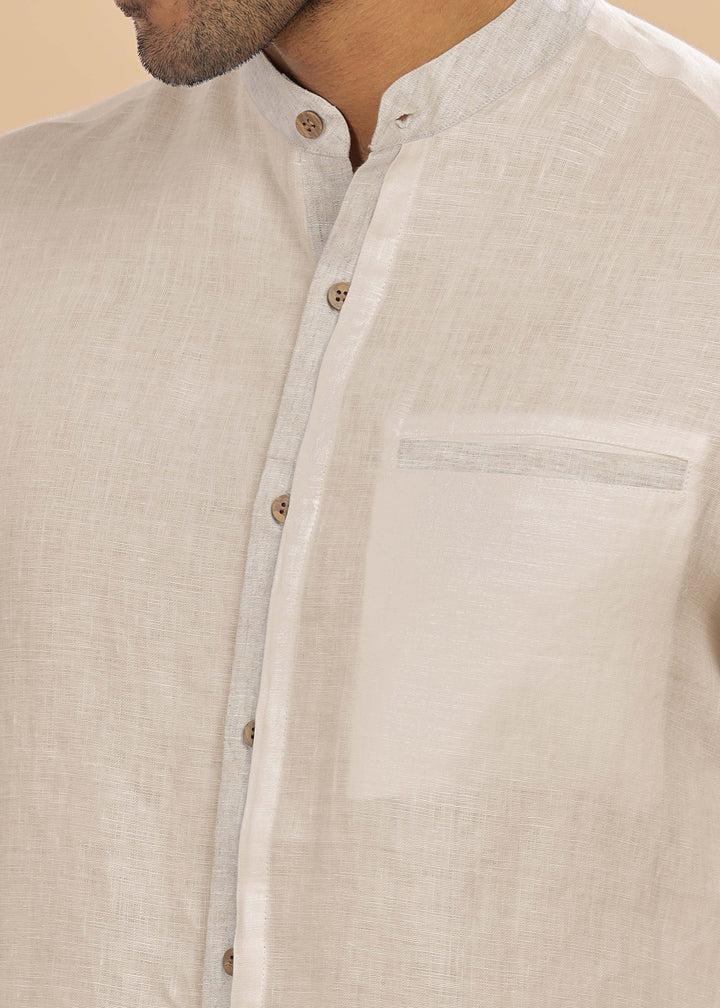 Dylan - Pure Linen Mandarin Collar Stylized Full Sleeve Shirt - Mocha & Ecru