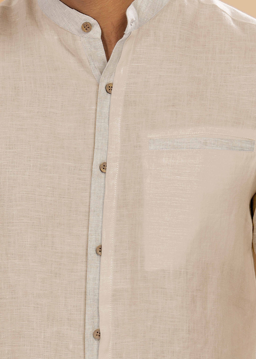 Dylan - Pure Linen Mandarin Collar Stylized Full Sleeve Shirt - Mocha & Ecru