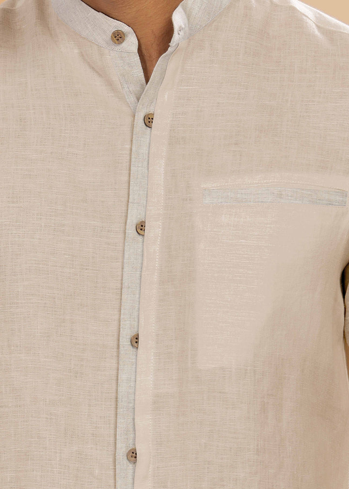 Dylan - Pure Linen Mandarin Collar Stylized Full Sleeve Shirt - Mocha & Ecru