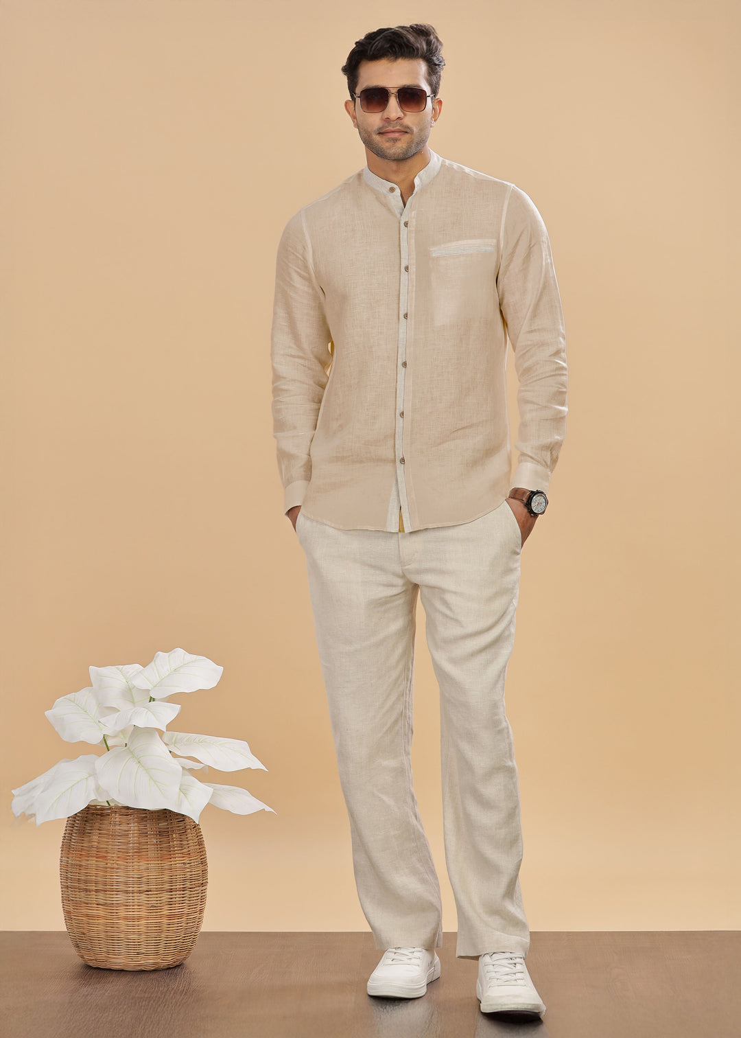 Dylan - Pure Linen Mandarin Collar Stylized Full Sleeve Shirt - Mocha & Ecru