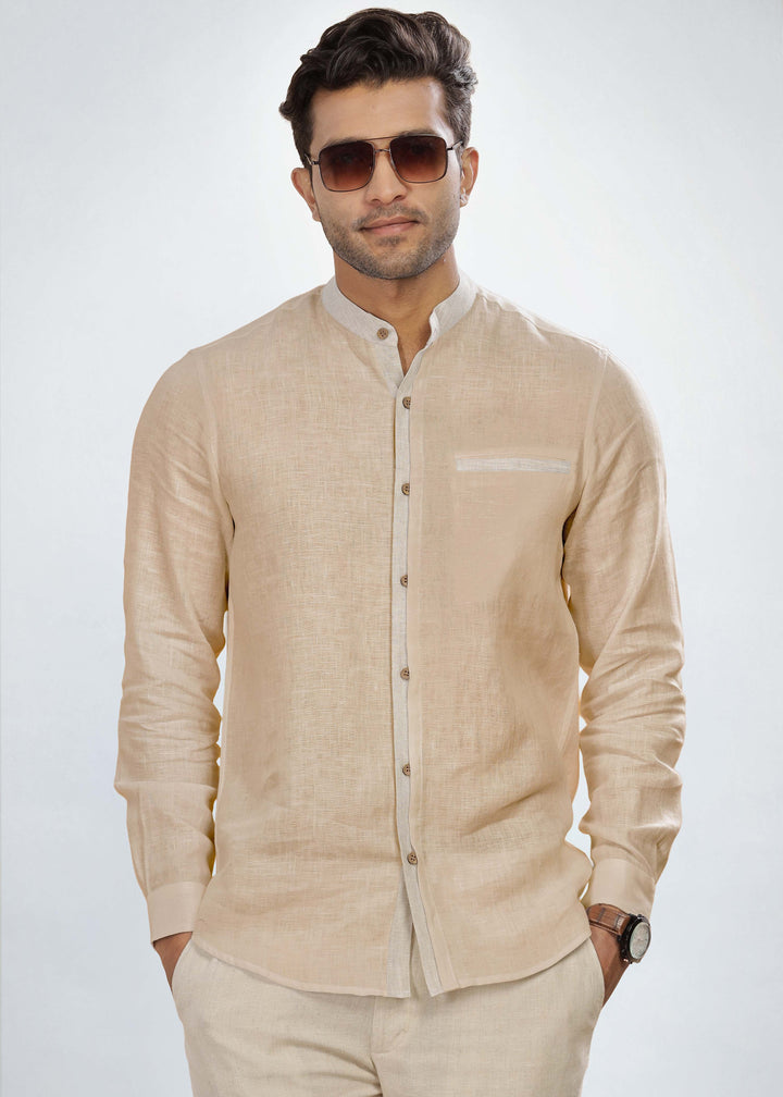 Dylan - Pure Linen Mandarin Collar Stylized Full Sleeve Shirt - Mocha & Ecru