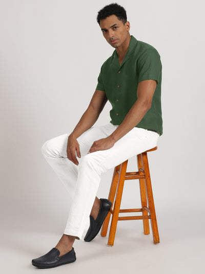 Cuban Forest Look | Earl Dark Green Linen Shirt & Pure White Trousers