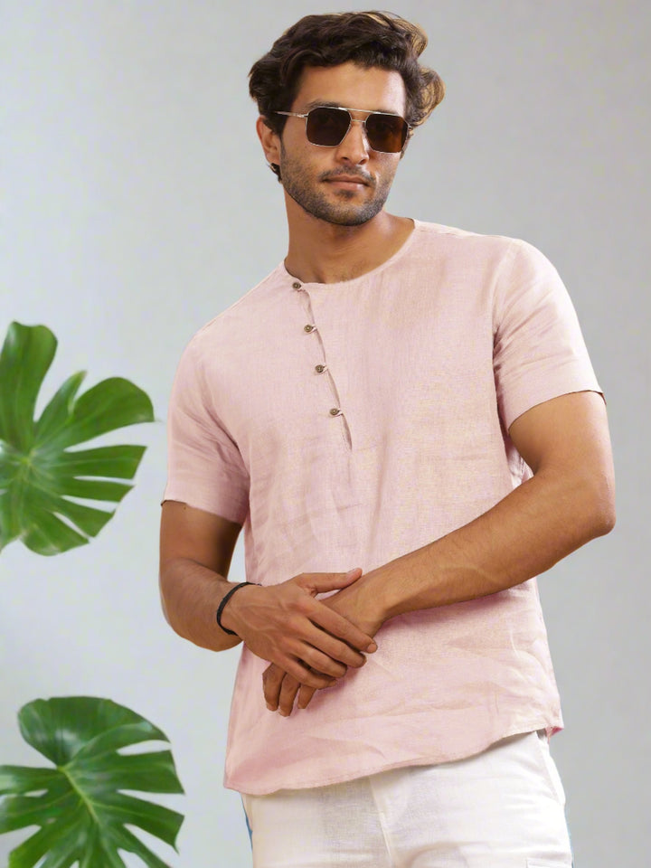 Evan - Pure Linen Short Sleeve T-Shirt - Light Pink