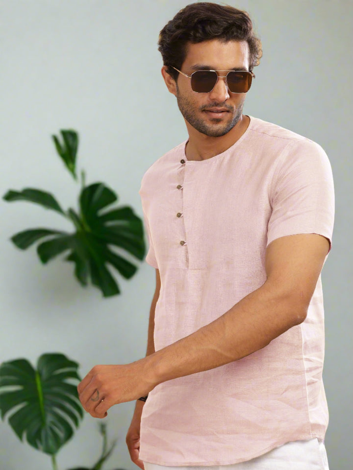 Evan - Pure Linen Short Sleeve T-Shirt - Light Pink